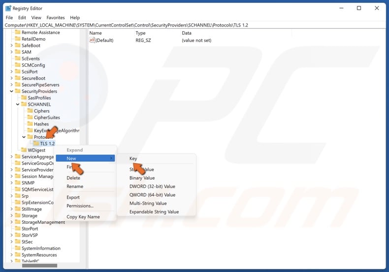 Right-click the TLS 1.2 key, select New, and select Key