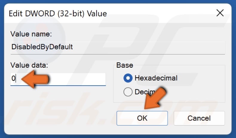 Set the Value data to 0 and click OK