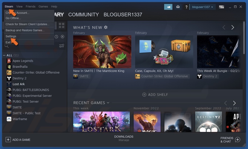 Click Steam in the menu bar and click Setting