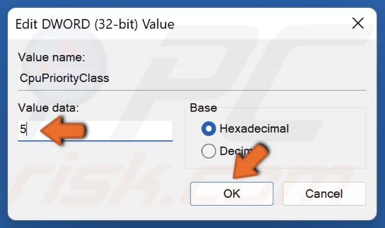 Enter 5 in the Value data box and click OK