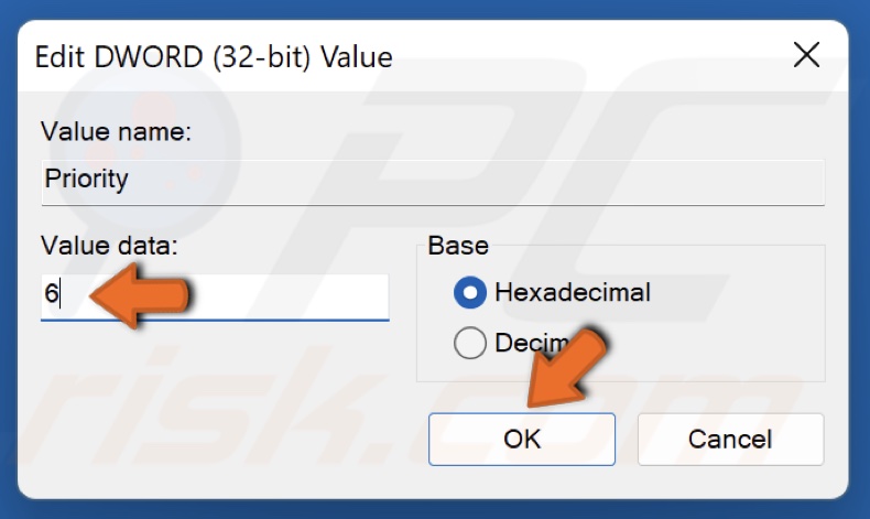 Enter 6 in the Value data box and click OK