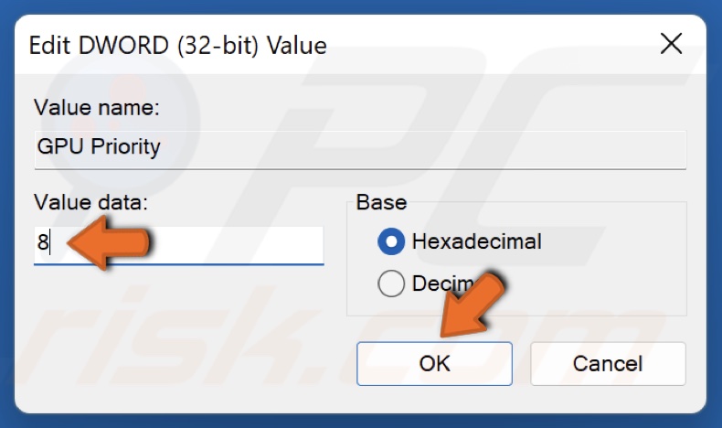 Enter 8 in the Value data box and click OK