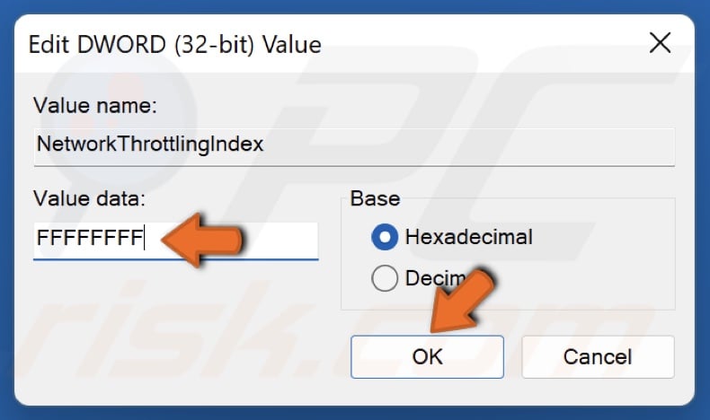 Enter FFFFFFFF in the Value data box and click OK