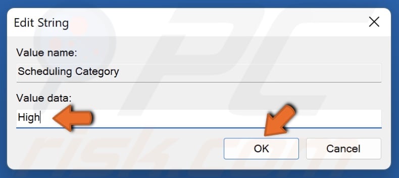 Enter High in the Value data box and click OK