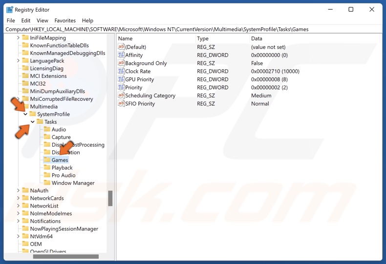Expand the SystemProfile key, expand the Tasks key, and click Games