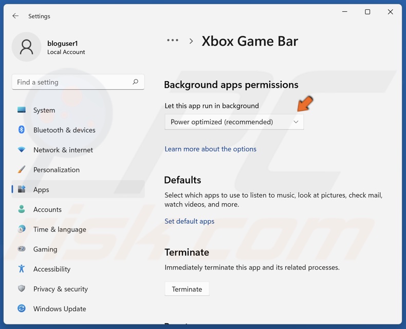 Open the Background apps permissions menu