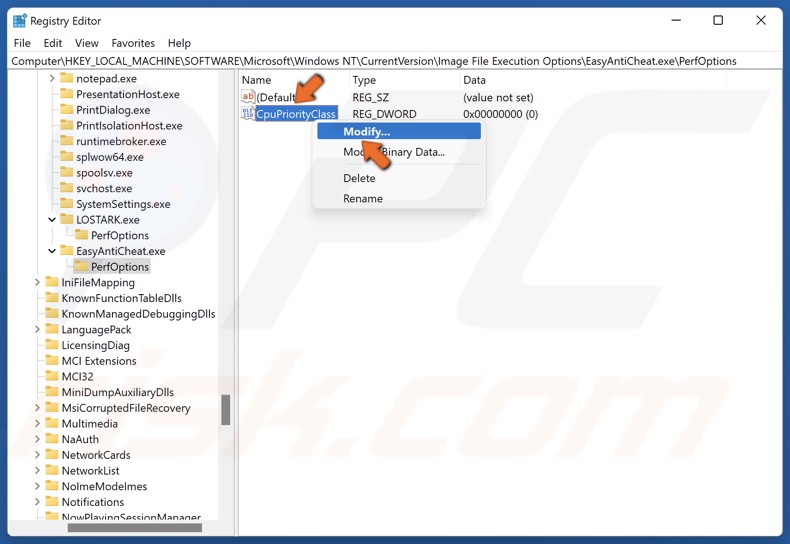 Right-click CpuPriorityClass and click Modify