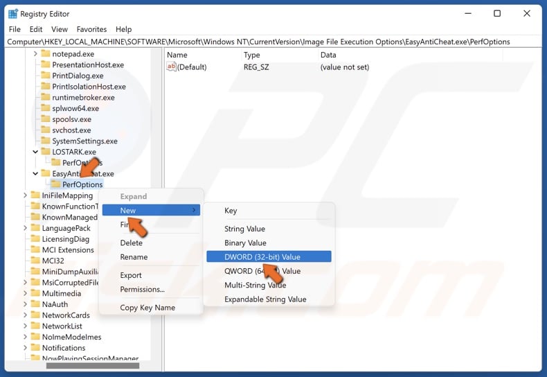 Right-click the PerfOptions key, select New, and click DWORD (32-bit) Value