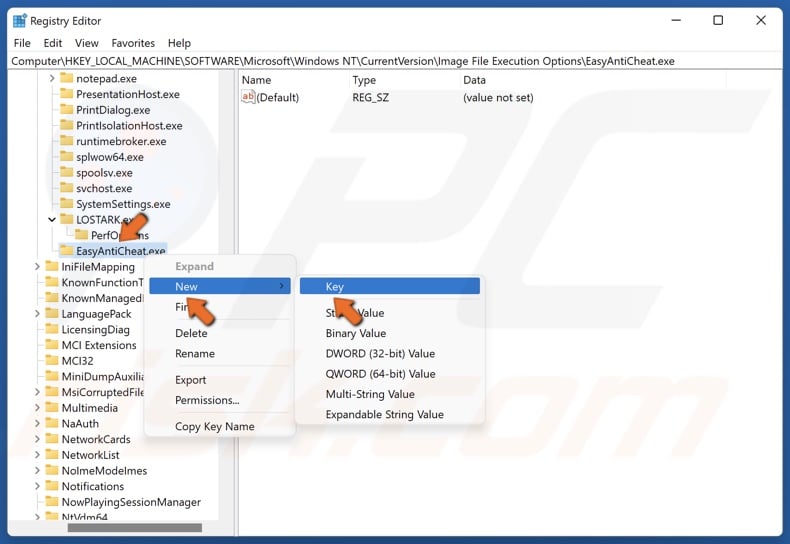 Right-click the EasyAntiCheat.exe key select New, and click Key