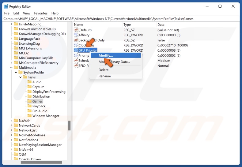 Right-click GPU Priority and click Modify