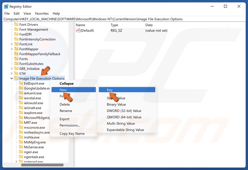 Right-click the Image File Execution Options key, select New, and click Key