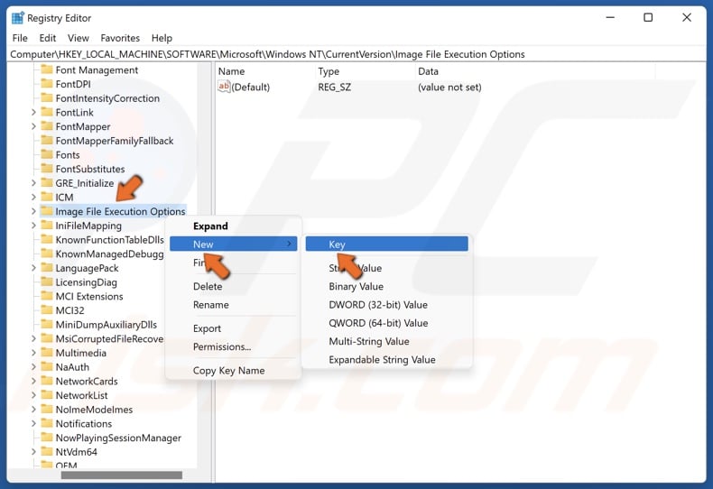 Right-click the Image File Execution Options key, select New, and click Key
