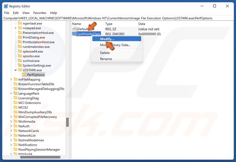 Right-click CpuPriorityClass and click Modify