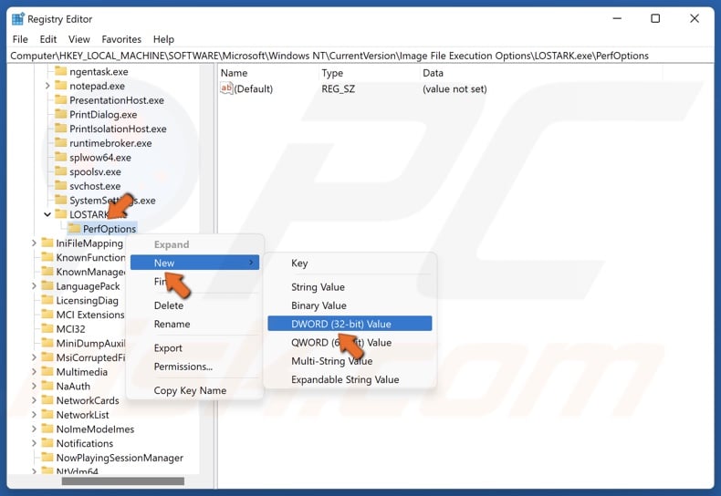Right-click the PerfOptions key, select New, and click DWORD (32-bit) Value