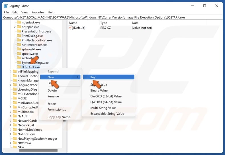 Right-click the LOSTARK.exe key, select New, and click Key