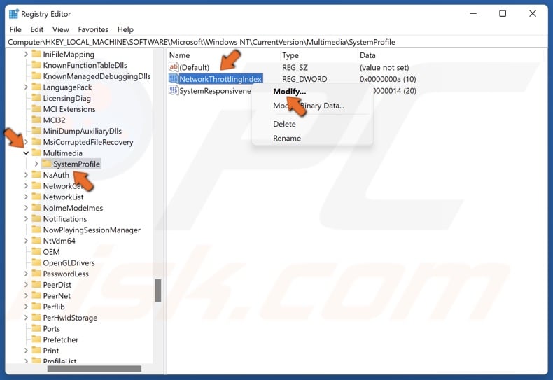 Right-click NetworkThrottlingIndex and click Modify