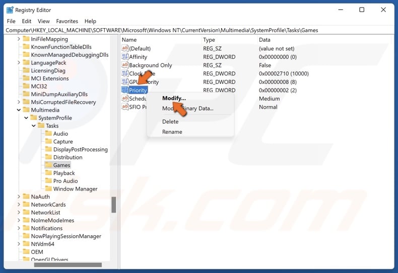 Right-click Priority and click Modify