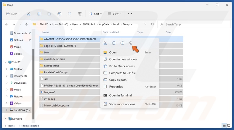 Select all files in the %temp% folder and delete them