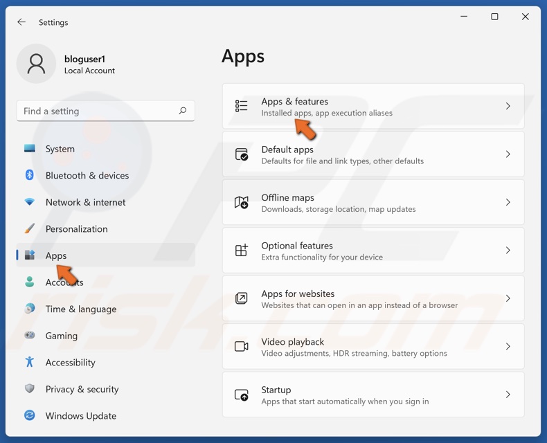 Select the Apps tab and select Apps & features