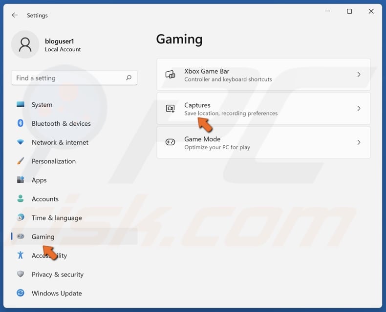 Select the Gaming tab and select Captures