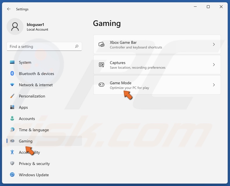 Select the Gaming tab and select Game Mode