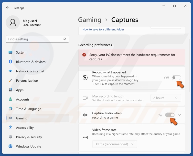 Toggle off Record what happened and Capture audio when recording a game