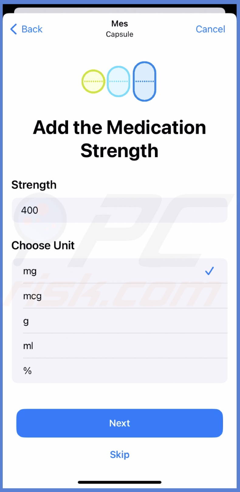 Enter strength and units