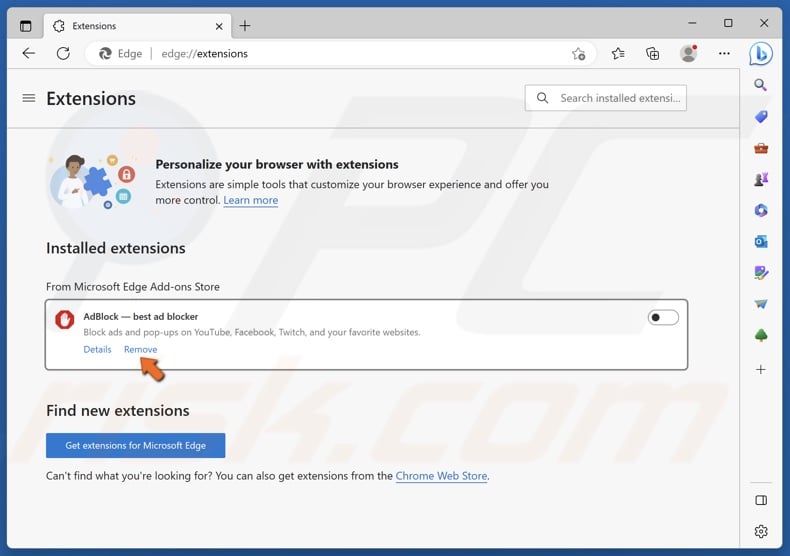 Click Remove next to an unwanted extension