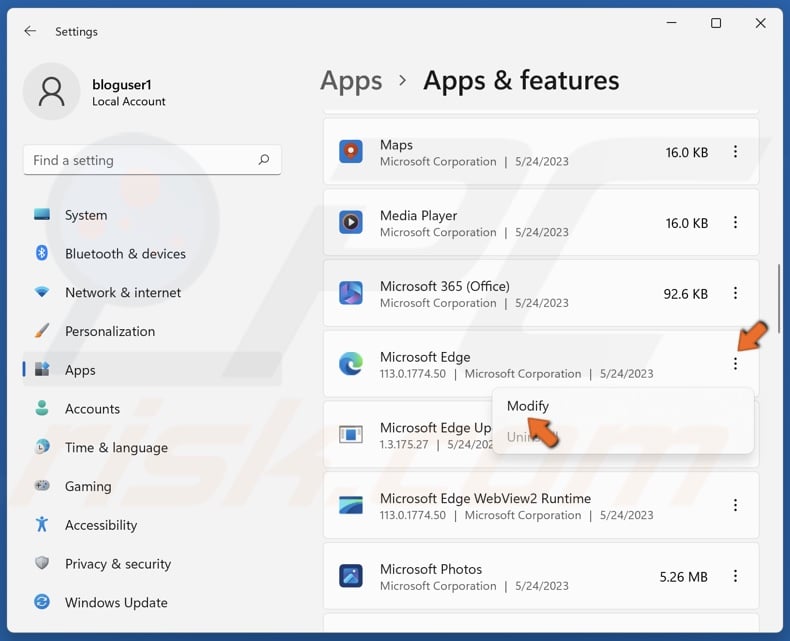 Click the three dots next to Microsoft Edge and click Modify