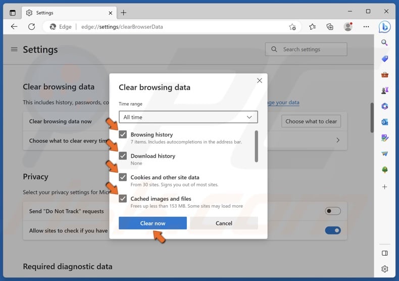Mark the Browsing history, Download history, Cookies and other site data, and Cached images and files checkboxes and click Clear now