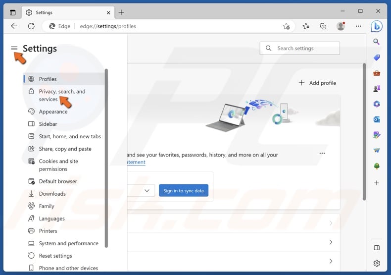 Select the Privacy, Search, and Services panel
