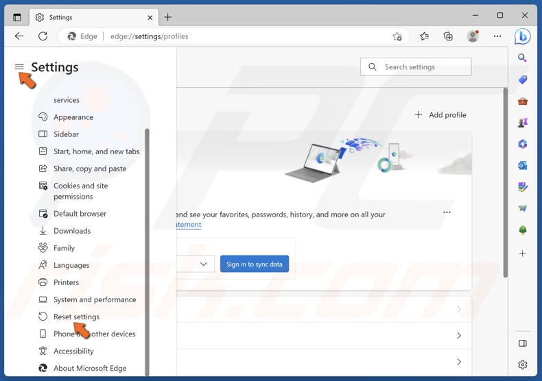 Select the Reset settings panel
