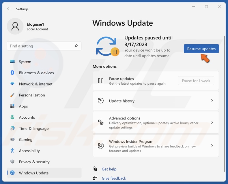 Click Resume updates at a later date
