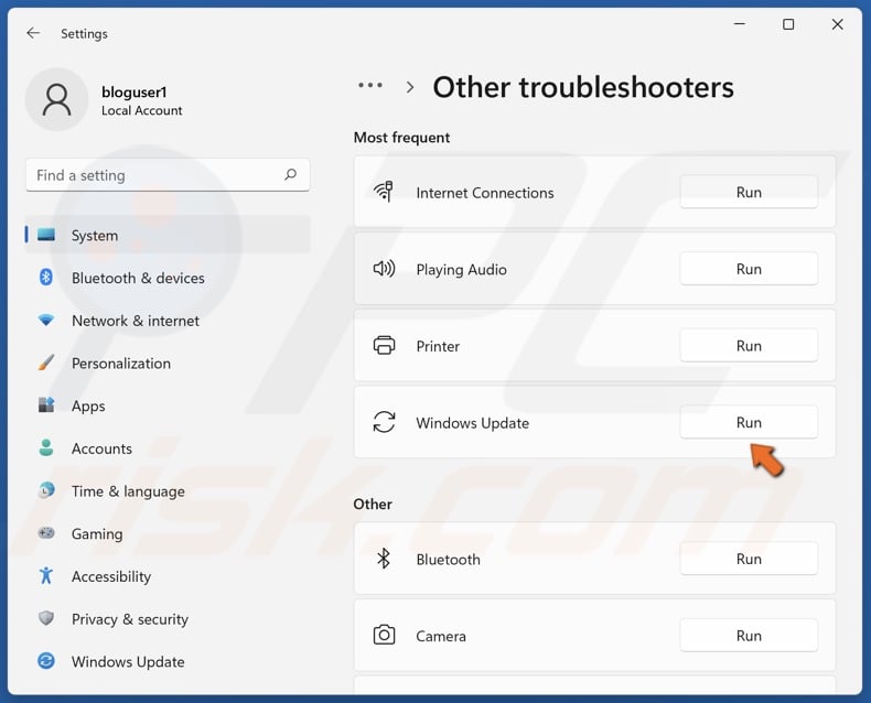 Click Run next to the Windows Update troubleshooter