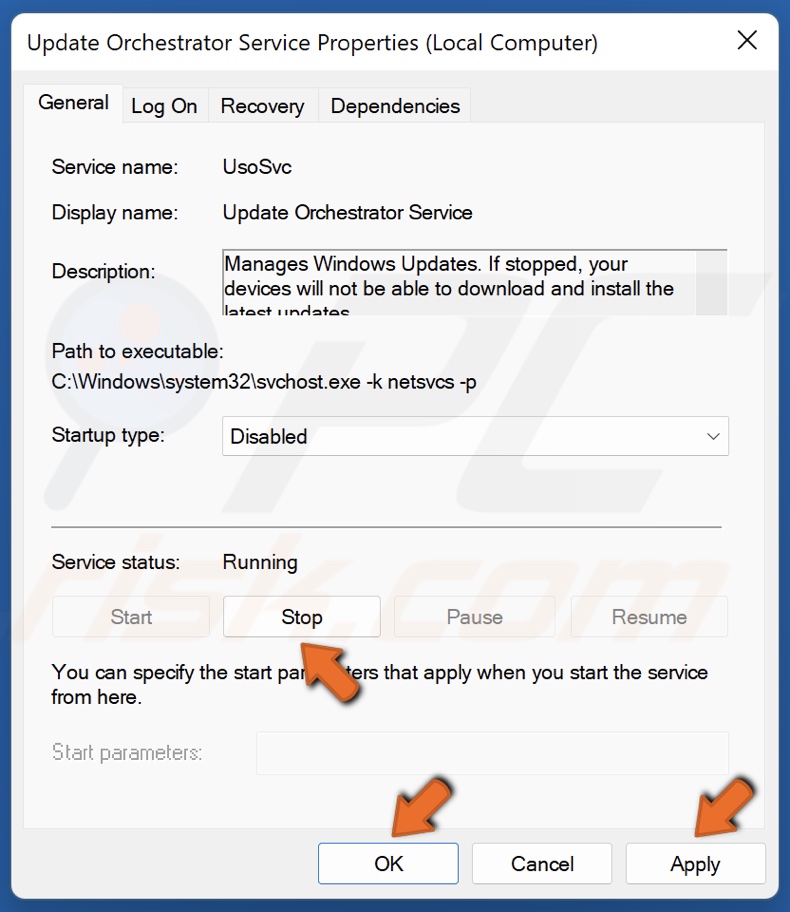 Click Stop and click Apply and click OK