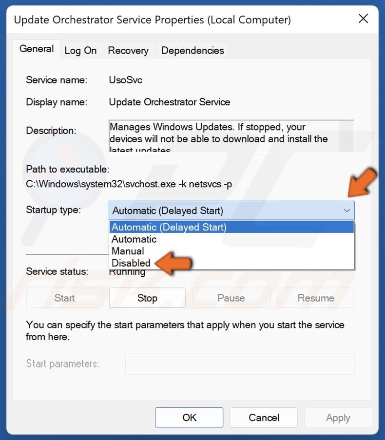Open the Startup type drop-down menu and select Disabled