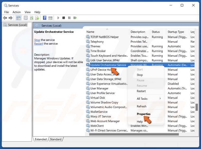 Right-click the Update Orchestrator Service and click Properties