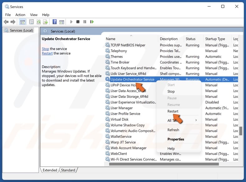 Right-click the Update Orchestrator Service and click Restart