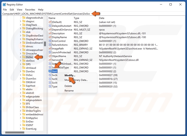 Select the DoSvc registry key, right-click the Start registry key and click Modify