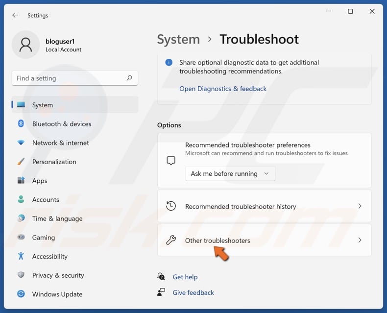 Select Other troubleshooters