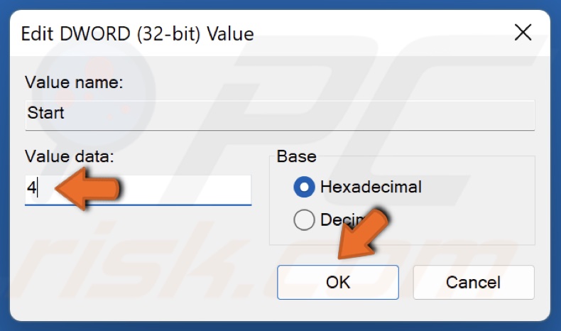 Set the Value data to 4 and click OK