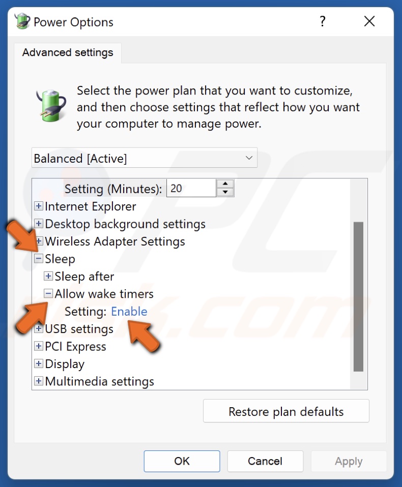 Expand Sleep and expand Allow wake timers categories