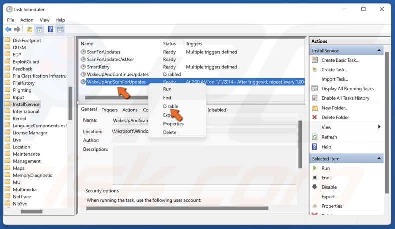 Right-click WakeUpAndScanForUpdates and click Disable