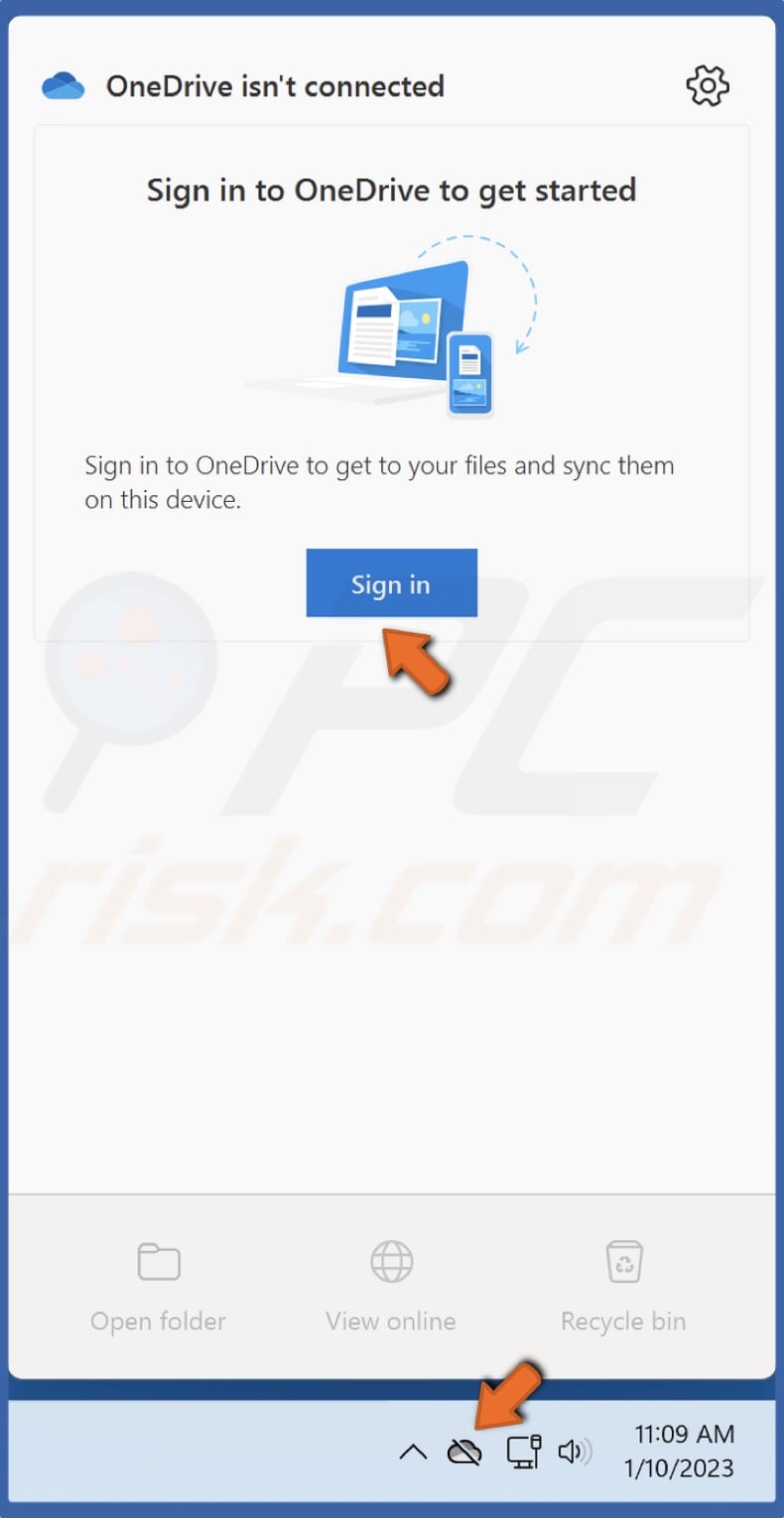 Click the OneDrive icon in the taskbar and click Sign in