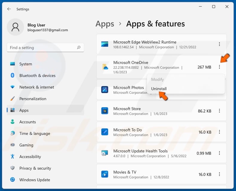 Click Uninstall to remove OneDrive