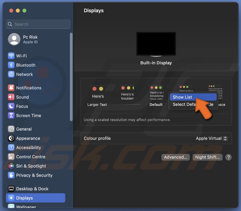 Show resolution list