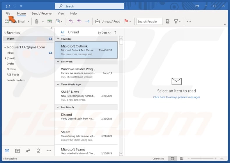 Click File in the Outlook menu bar