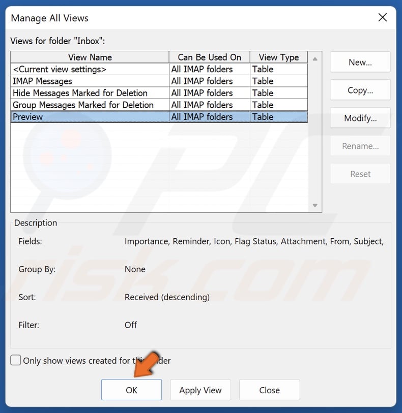Click OK to close Manage All Views window