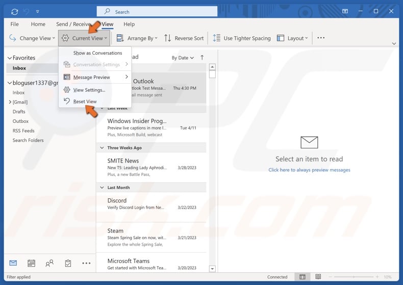 Open the Current View menu and click Reset View