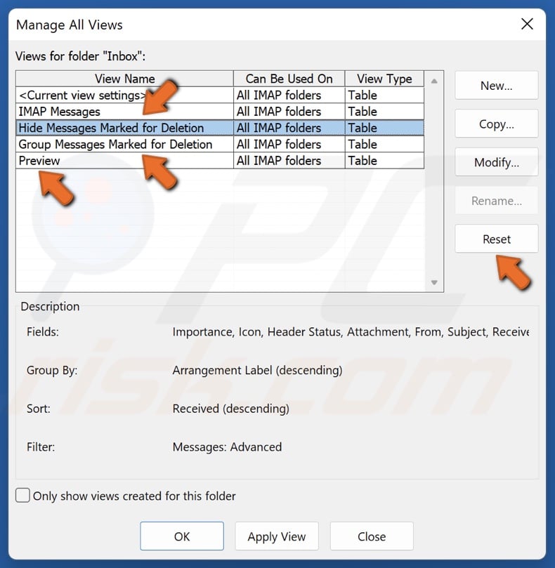 Click Reset next to all inbox view options